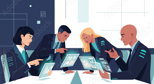 Engaged business team collaboratively analyzing data on touch screen devices during a meeting