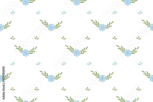 Seamless vector pattern featuring simple blue flowers and green leafy branches arranged in clean minimal style, perfect for spring backgrounds, textiles, wrapping paper, stationery decorative designs.