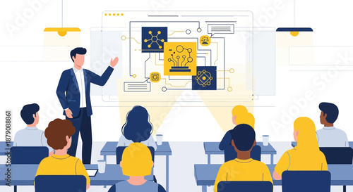 Engaging tech seminar presentation with diverse audience fostering innovation and learning exchange