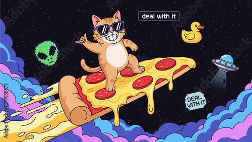 Surreal Cat Surfing on Pizza in Space Vector