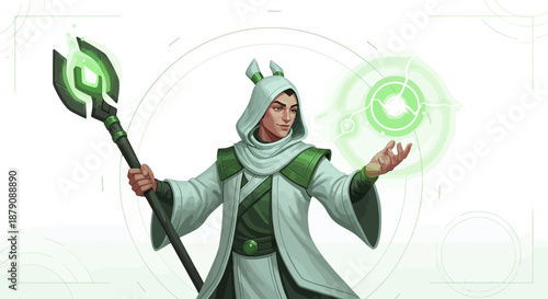 Enigmatic magic caster with glowing staff manifesting energy orb in ethereal environment