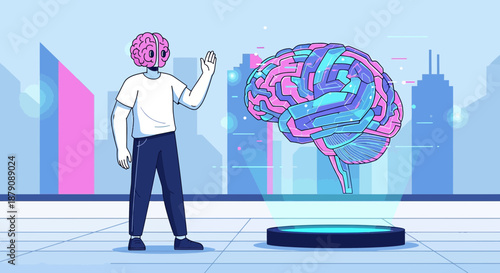 Futuristic cartoon depiction of a brain-headed character with digital brain interface floating on