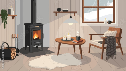 Scandinavian Hygge Cabin Interior Lifestyle Vector