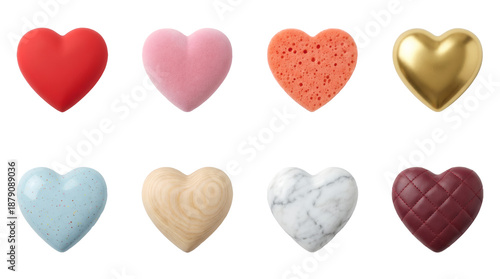 Heart shape set including red matte, pink velvet, sponge, gold, ceramic, wood, marble, and leather textures. Symbol of love and valentine collection.