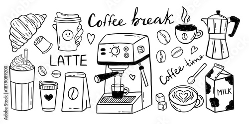Vector coffee break hand drawn set with espresso machine, latte cup, takeaway coffee, croissant, moka pot, milk carton, coffee bean, dessert, lettering. Cafe menu, poster, social media design.