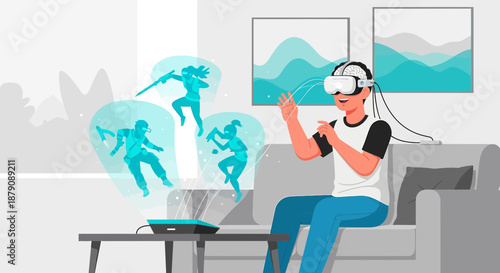 Immersive virtual reality gaming experience with dynamic avatars projecting into living room space