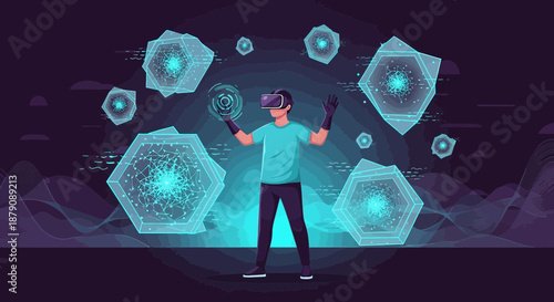 Immersive virtual reality experience with interactive abstract geometric elements for enhanced