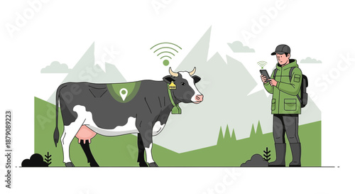 Innovative agriculture, farmer using technology to track livestock location in rural landscape