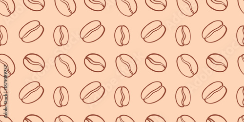 Vector seamless pattern with coffee bean on light background. Cozy cafe style texture for packaging, wallpaper, fabric, kitchen decor and branding design.