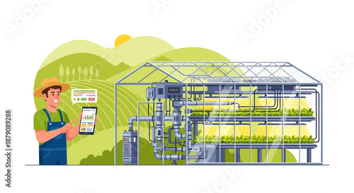 Innovative greenhouse farming with farmer using digital technology for monitoring crops growth