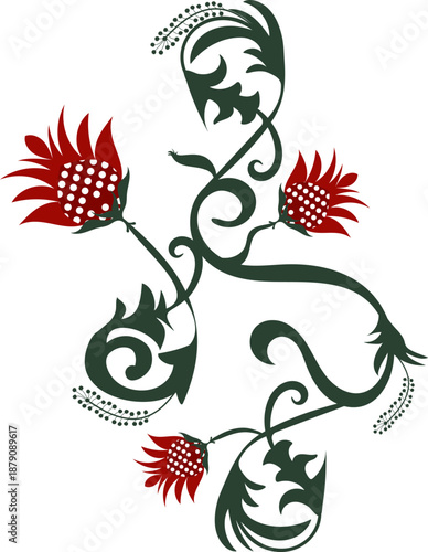 Red flowers, green inflorescences and leaves for printing on clothes, on mugs, as stickers, for postcards and websites.
