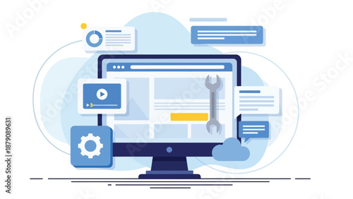 Modern Tech Desktop With Tools And Interfaces Illustrates Web Design, IT, And Collaboration Workflow