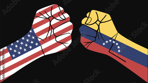 Fists of USA and Venezuela in confrontation on black