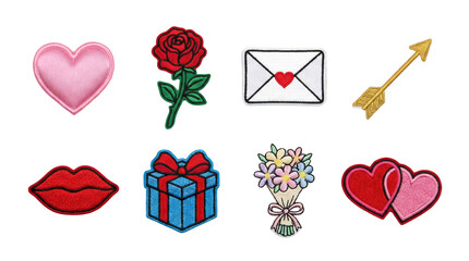 Valentine's day embroidery patch set including heart, rose, envelope, arrow, lips, gift box, flower bouquet, and intertwined hearts isolated. Romantic sewing and craft collection.
