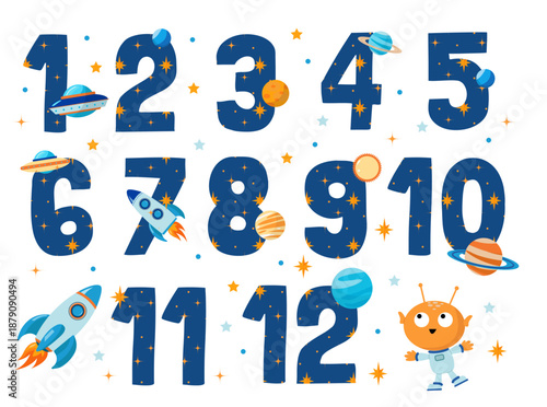 A set of bright space numbers from 1 to 12. Months for newborns. The first year. Adventures in space