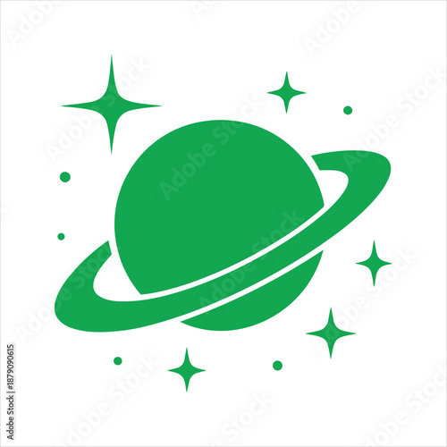 A planet with rings and surrounding stars silhouette vector, Saturn Planet with Rings and Stars Icon. Planet Saturn Ring System Space Cosmos Black Silhouette Vector