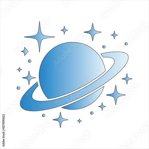 A planet with rings and surrounding stars silhouette vector, Saturn Planet with Rings and Stars Icon. Planet Saturn Ring System Space Cosmos Black Silhouette Vector