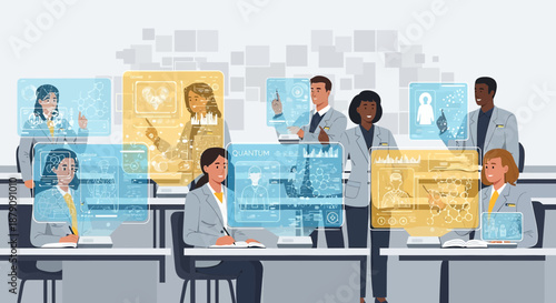 Futuristic learning environment with diverse students using interactive holographic displays for