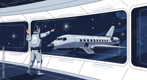 Futuristic space station with a view of spacecraft and distant stars in cosmos concept