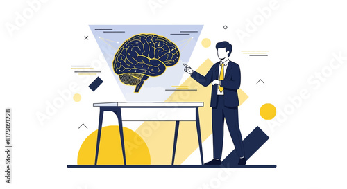 Illustration of a businessperson presenting a brain hologram representing innovative thinking and