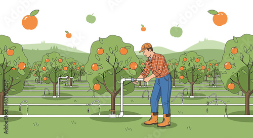 Illustration of a farmer repairing irrigation in a serene and fertile orchard with orange trees