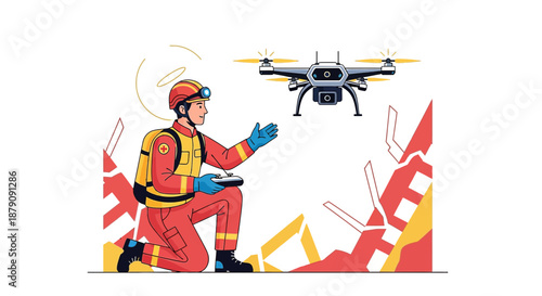 Illustration showcasing a rescue worker using a drone for disaster relief operations, assisting in