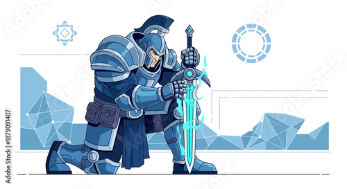 Illustrative knight kneeling with glowing sword in futuristic setting showcasing strength
