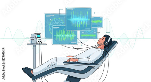 Illustrative representation of a human undergoing brainwave analysis with visual data interpretation