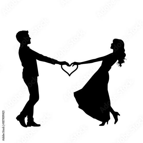 Romantic silhouette of a man and woman forming a heart with their hands, expressing love and togetherness