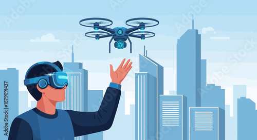 Immersive Experience: Person piloting drone in virtual reality within a cityscape environment