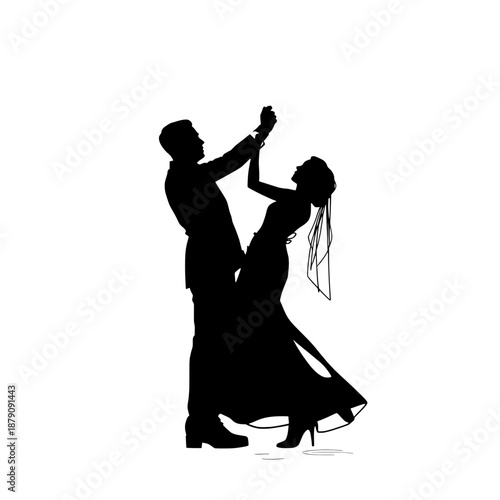 Silhouette of a couple dancing elegantly on a white background, perfect for wedding or celebration themes