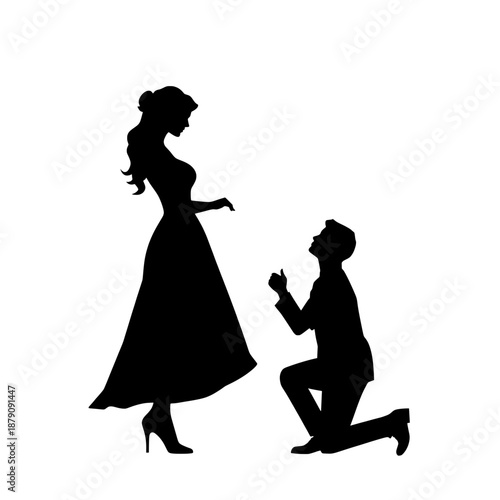 Silhouette of a man proposing marriage to a woman in a formal dress
