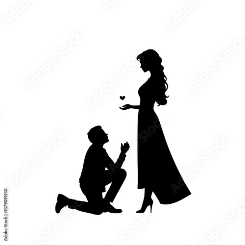 Romantic silhouette of a man on bended knee, making a heartfelt proposal to his beloved partner