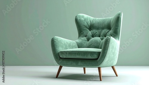 Wallpaper Mural Plush, button-tufted teal armchair against a soft green backdrop, evoking comfort and style Torontodigital.ca