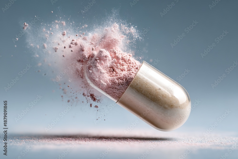 Fototapeta premium A medical capsule exploding into a cloud of pink powder against a soft blue background