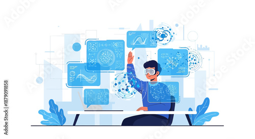 Interactive virtual reality environment for data analysis and visualization featuring futuristic