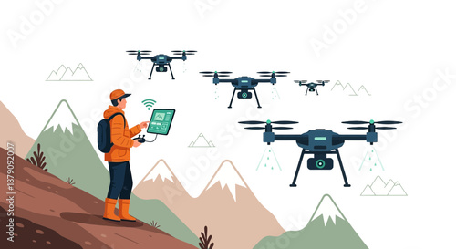 Man controlling swarm of drones amidst mountain landscape, showcasing modern technology and