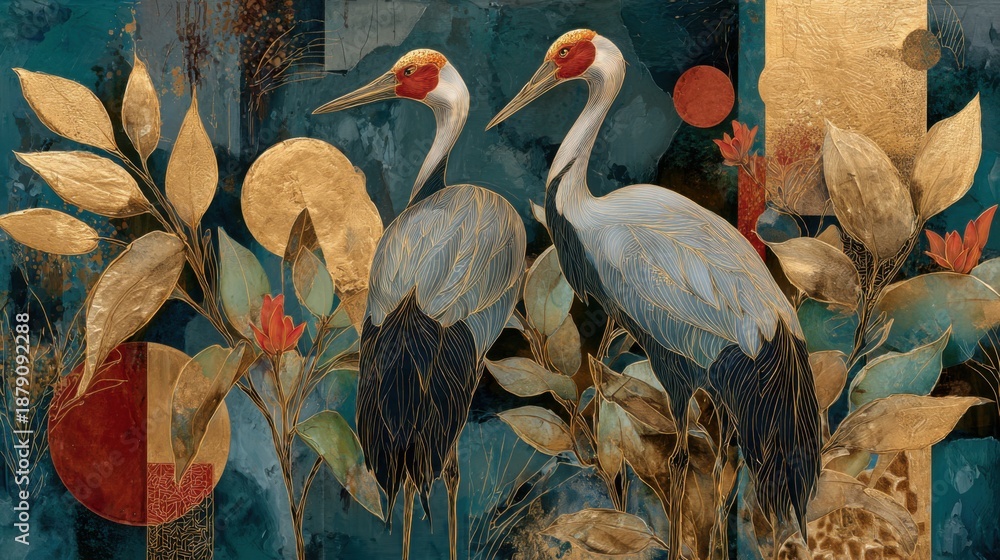 Fototapeta premium Elegant cranes and foliage with gold accents