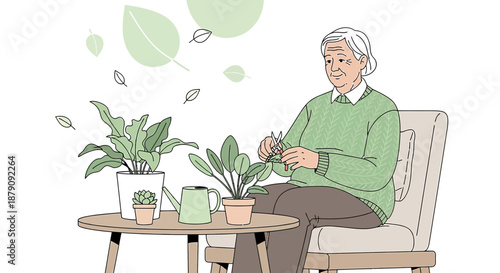 Peaceful indoor gardening scene of an elderly woman tending to her plants with care and joy
