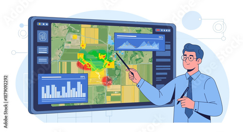Precision agriculture analysis display with smart farming and analytics interface illustration