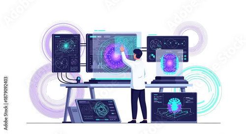 Advanced research lab with scientist interacting with digital interface technologies demonstrating