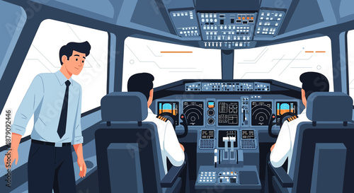 Airline cockpit interior featuring two pilots, accompanied by a flight attendant checking