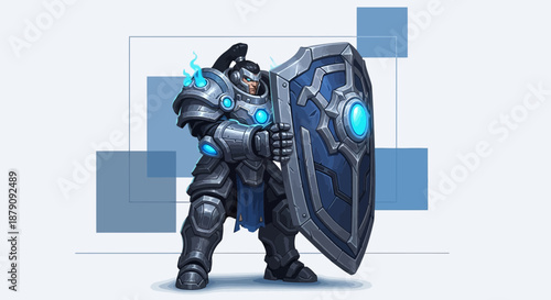 Armored guardian standing guard holding a shield with glowing energy elements in a stylized pose