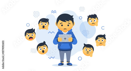 Boy experiencing digital stress surrounded by emojis expressing negative emotions on the web