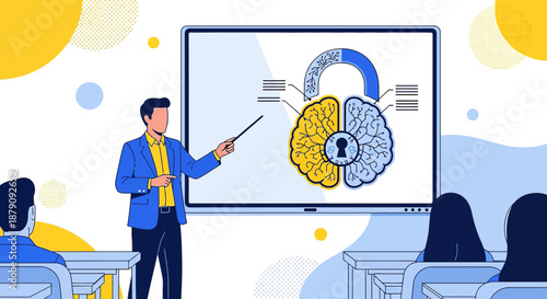 Brain unlocked concept shown by a professor to students in class for training and education