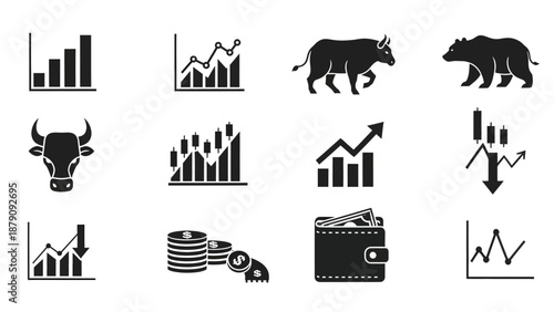 Business growth icons set with bull, bear, house, money, and charts in neon green on black background