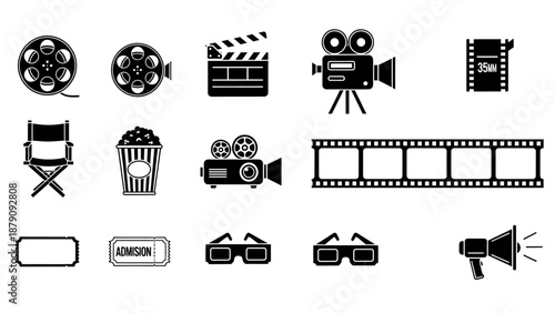 Set of cinema film and movie theater icons with admission ticket and popcorn vector illustration