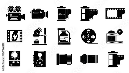 Set of 35mm film camera icons and photography symbols on black background minimalist design