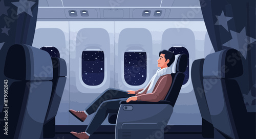 Conceptual illustration of a relaxed man enjoying a comfortable night flight with stars views
