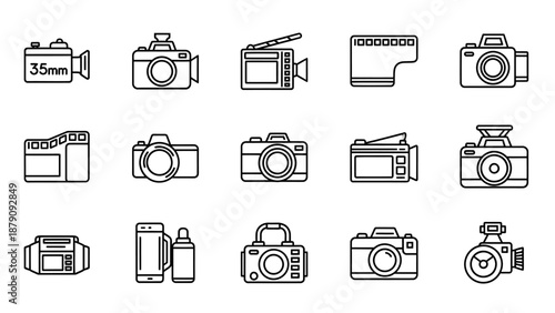 Collection of Professional Camera Icons and Photography Equipment Line Art on Black Background